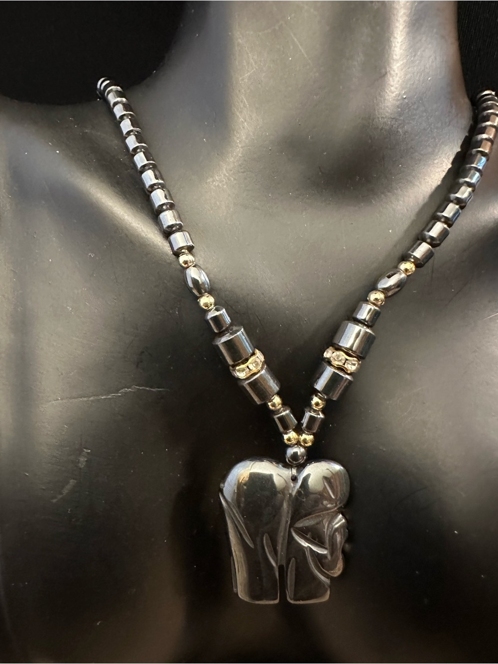 Vintage Hematite Elephant Pendant Necklace with Gold Accents - Black